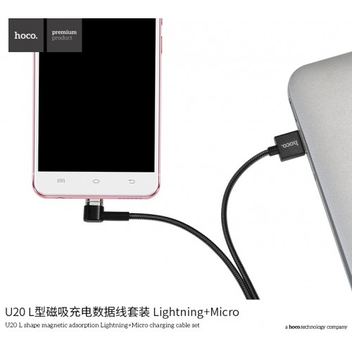 U20  L Shape Magnetic Adsorption  Lightning+Micro Charging Cable Set